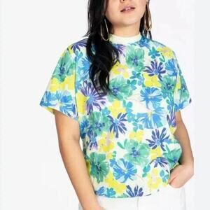 Tanya Taylor Sarah Floral Organic Cotton T-Shirt Hibiscus Blue Size 1X